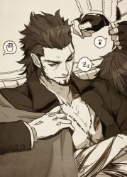 Rule 34 | 10s, 4boys, animal ears, brown background, crossed arms, fake animal ears, final fantasy, final fantasy xv, fingerless gloves, gladiolus amicitia, gloves, ignis scientia, jacket, jewelry, male focus, monochrome, multiple boys, musical note, necklace, noctis lucis caelum, open clothes, open jacket, prompto argentum, quaver, rabbit ears, simple background, sleeping, sleeping on person, speech bubble, spoken hand, spoken musical note, spoken zzz, square enix, yuzukarin, zzz
