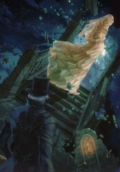 Rule 34 | 1boy, 1girl, black headwear, bloodborne, brown coat, candle, coat, dress, facing another, hat, highres, layered dress, long sleeves, looking down, outdoors, pregnant, ruins, short hair, stairs, standing, top hat, white hair, yujia0412