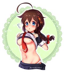 Rule 34 | 10s, 1girl, :o, ahoge, artist name, bad id, bad pixiv id, blue eyes, blush, braid, breasts, brown hair, clothes lift, clothes pull, embarrassed, fingerless gloves, flying sweatdrops, gloves, hair between eyes, hair flaps, hair ornament, hair ribbon, hairpin, ittokyu, kantai collection, lace, lace background, lifting own clothes, long hair, medium breasts, midriff, mole, mole on breast, navel, necktie, panties, pleated skirt, red necktie, ribbon, school uniform, serafuku, shigure (kancolle), shigure kai ni (kancolle), shirt lift, short sleeves, single braid, skirt, skirt pull, solo, stomach, twitter username, underboob, underwear, white panties