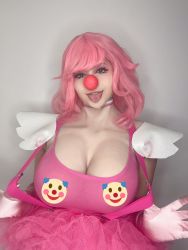 Rule 34 | 1girl, ace attorney, breasts, brown eyes, censored, cleavage, clothes, clown, clown girl, collar, cosplay, elbow gloves, emoji, emoji censor, female focus, geiru toneido, geiru toneido (cosplay), gloves, highres, large breasts, looking at viewer, medium hair, model, natylikespizza, open mouth, phoenix wright: ace attorney - spirit of justice, photo (medium), pink hair, real life, smile, solo, tongue, tongue out