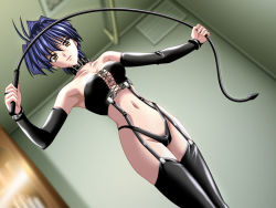 Rule 34 | aihara takuya, bustier, collar, crotch zipper, dominatrix, gloves, leather, short hair, tagme, thighhighs, whip, x-change 3, yellow eyes, zipper