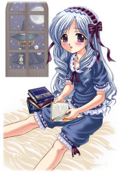 Rule 34 | 00s, 1girl, :o, aria (sister princess), blue dress, book, creature, dress, frills, full body, hairband, hat, indoors, jack-o&#039;-lantern, lolita hairband, open book, open mouth, puffy short sleeves, puffy sleeves, reading, short sleeves, sister princess, sitting, snowing, solo, window, winter, witch hat, you gonna get raped, yumeori amu