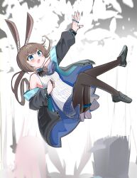 Rule 34 | 1girl, :o, absurdres, amiya (arknights), animal ear fluff, animal ears, arknights, arm up, ass, black jacket, blue eyes, blush, breasts, brown hair, brown pantyhose, doctor (arknights), grey footwear, grey skirt, hair between eyes, highres, jacket, loafers, long hair, long sleeves, low ponytail, off shoulder, open clothes, open jacket, open mouth, outstretched arm, pantyhose, pleated skirt, ponytail, puffy long sleeves, puffy sleeves, rabbit ears, shirt, shoes, skirt, sleeveless, sleeveless shirt, small breasts, solo, spam (spamham4506), theresa (arknights), very long hair, white shirt