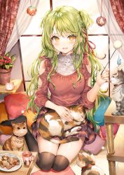 Rule 34 | 1girl, :d, animal, animal on lap, black thighhighs, blush, breasts, brown eyes, brown shirt, cat, checkerboard cookie, clock, clothing cutout, commentary request, cookie, cup, curtains, flower, food, frilled pillow, frills, green hair, heart, highres, holding, indoors, long hair, long sleeves, medium breasts, momoko (momopoco), mug, no shoes, on lap, open mouth, original, pillow, plaid, plaid skirt, plant, potted plant, red flower, shirt, shoulder cutout, sitting, skirt, smile, solo, thighhighs, two side up, very long hair, window, yokozuwari