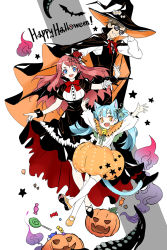 Rule 34 | 1boy, 2girls, animal ears, aqua hair, arms up, bell, black cape, black dress, black footwear, black headwear, black vest, black wings, blue eyes, brown hair, candy, cape, cat ears, commentary, da huang, demon wings, dress, dress shirt, english text, fang, flats, floating, food, grin, halloween, halloween costume, happy halloween, hat, highres, hoshikawa lily, jack-o&#039;-lantern, long dress, long sleeves, looking at viewer, mary janes, minamoto sakura, mini hat, mini top hat, multiple girls, neck bell, neck ribbon, open mouth, orange cape, orange eyes, orange footwear, orange headwear, pink hair, pumpkin skirt, red neckwear, ribbon, shirt, shoes, short hair, short sleeves, skin fang, skirt hold, smile, sunglasses, symbol-only commentary, tatsumi koutarou, thighhighs, tilted headwear, top hat, twintails, two-sided cape, two-sided fabric, two-sided headwear, vest, white background, white legwear, white shirt, wings, witch hat, wrist cuffs, zombie land saga