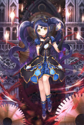 Rule 34 | 1girl, bad id, bad pixiv id, black dress, black gloves, blue footwear, blue hair, boots, braid, braided bangs, breasts, castle, clock, clock tower, closed mouth, dress, floating, floating object, full body, garara s leep, gears, gloves, hands up, hat, head chain, headphones, highres, idol clothes, idol time pripara, jewelry, long hair, looking at viewer, lunacle, mini hat, plant, pretty series, print dress, pripara, puffy short sleeves, puffy sleeves, short sleeves, small breasts, smile, solo, standing, tower, twintails, very long hair, vines, yellow eyes