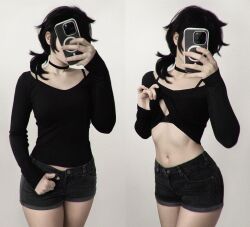 Rule 34 | 1girl, ashley graves, black hair, black shorts, cosplay photo, highres, multiple views, navel, phone, photo (medium), selfie, shorts, the coffin of andy and leyley