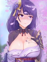 Rule 34 | 1girl, armor, blush, braid, breasts, bridal gauntlets, cherry blossoms, cleavage, closed mouth, commentary, english commentary, falling petals, flower, genshin impact, hair ornament, hand on own chest, highres, japanese clothes, kimono, large breasts, long hair, mitsudomoe (shape), mole, mole under eye, nail polish, petals, purple eyes, purple flower, purple hair, purple nails, raiden shogun, ribbon, sash, shoulder armor, sleeptopi, solo, tomoe (symbol)