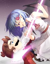 Rule 34 | 1boy, 1girl, anger vein, ascot, bat wings, blue eyes, blue hair, brown hair, closed mouth, commentary, english commentary, facial hair, gradient background, highres, looking at another, mario, mario (series), mustache, nintendo, no headwear, open mouth, pointy ears, red ascot, red eyes, remilia scarlet, ruu (ruigi12), short hair, sleeveless, spear the gungnir, touhou, wings