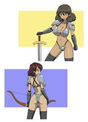 Rule 34 | 10 ji lay, 2girls, aoshidan school uniform, armor, armored gloves, ass, bikini armor, black thighhighs, bow (weapon), breasts, brown eyes, brown hair, cleavage, closed mouth, girls und panzer, green eyes, green panties, highres, large breasts, looking at viewer, multiple girls, navel, panties, school uniform, short hair, simple background, sword, thighhighs, thong, tristana (girls und panzer), underboob, underwear, viridiana (girls und panzer), weapon