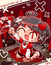 Rule 34 | 1boy, ahoge, artist name, black footwear, black hair, black shorts, blood, blood from mouth, blood on clothes, blood on face, blood on hands, blood splatter, closed eyes, collared shirt, crack, crying, deformed, flag, hair ornament, hand on floor, handy capper (vocaloid), heart, heart hair ornament, highres, holding, holding flag, injury, kneeling, long sleeves, male focus, microphone, open mouth, original, oyo-kun, pepoyo, puffy short sleeves, puffy sleeves, red shirt, scratches, shirt, short sleeves, short twintails, shorts, single eyebrow, sitting, smile, socks, solo, sweat, twintails, vocaloid, white flag, white shirt, white socks, x hair ornament