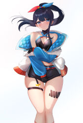 Rule 34 | 1girl, absurdres, arms up, bare shoulders, black gloves, black hair, blue eyes, blue jacket, blue ribbon, breasts, cleavage cutout, closed mouth, clothing cutout, commentary request, criss-cross halter, embarrassed, floating hair, frown, gloves, gradient background, gridman universe, hair behind ear, hair ornament, hair ribbon, halterneck, hand on own crotch, highres, holding, jacket, leg tattoo, logo, long hair, long sleeves, looking at viewer, medium breasts, microskirt, midriff, multicolored clothes, multicolored jacket, navel, off shoulder, official alternate costume, pink socks, ponytail, red ribbon, ribbon, sidelocks, skindentation, skirt, skirt tug, socks, ssss.gridman, standing, stomach, takarada rikka, takarada rikka (solarain toys), tattoo, terra bose, thick thighs, thigh gap, thigh strap, thighs