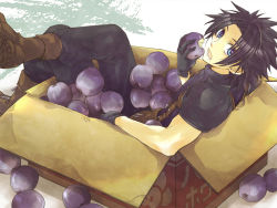 Rule 34 | 1boy, apple, armor, banora white, black gloves, black hair, blue eyes, blue pants, blue shirt, boots, box, brown footwear, crisis core final fantasy vii, crossed legs, earrings, eating, final fantasy, final fantasy vii, food, foot out of frame, fruit, gloves, holding, holding food, holding fruit, in box, in container, jewelry, looking at viewer, lower teeth only, male focus, medium hair, open mouth, pants, parted bangs, reclining, shichimiso, shirt, shoulder armor, single earring, sitting, sleeveless, sleeveless turtleneck, solo, spiked hair, suspenders, teeth, turtleneck, zack fair