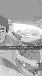 Rule 34 | 2boys, arm hair, bottle, car, car interior, closed mouth, commentary, driving, dungeon meshi, english commentary, english text, gear shift, greyscale, highres, kabru, laios touden, leg hair, looking at viewer, looking to the side, male focus, monochrome, motor vehicle, multiple boys, open mouth, raccoon0ncaf, seatbelt, selfie, shirt, short hair, short sleeves, shorts, snapchat, steering wheel, t-shirt, water bottle