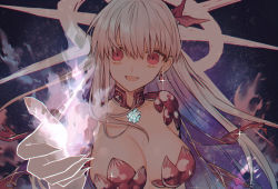 Rule 34 | 1girl, absurdres, albino (a1b1n0623), bad id, bad pixiv id, chromatic aberration, dark, earrings, fate/grand order, fate (series), fingernails, flaming hand, flower, halo, highres, huge filesize, jewelry, kama (beast iii/l) (fate), kama (fate), long hair, looking at viewer, lotus, outstretched arm, red eyes, revealing clothes, sharp fingernails, silver hair, solo, space, star (symbol), starry background, very long hair, yandere