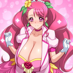 Rule 34 | 1girl, blush, breasts, choker, cleavage, closed mouth, collarbone, cure grace, dress, earrings, eyelashes, flower, gloves, hair ornament, hanadera nodoka, head accessory, healin&#039; good precure, huge breasts, jewelry, long hair, looking at viewer, magaki ryouta, magical girl, pink background, pink dress, pink eyes, pink hair, pink vest, precure, puffy short sleeves, puffy sleeves, short sleeves, solo, tiara, very long hair, vest, wanwandoh, white gloves