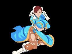 Rule 34 | 1girl, boots, breasts, brown hair, capcom, china dress, chinese clothes, chun-li, double bun, dress, female focus, hair bun, large breasts, pantyhose, shoes, solo, street fighter, torn clothes, torn pantyhose, white footwear