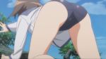 Rule 34 | 1girl, animated, anime screenshot, ass, brown hair, cameltoe, day, female focus, highres, legs, miyafuji yoshika, one-piece swimsuit, school swimsuit, short hair, strike witches, struggling, swimsuit, thighs, tree, video, view between legs, world witches series