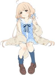 Rule 34 | 1girl, ahoge, bare shoulders, blonde hair, blue bow, blue bowtie, blue dress, blue ribbon, blue socks, blush, bow, bowtie, brown cardigan, brown eyes, cardigan, closed mouth, collarbone, dress, frilled dress, frills, futaba anzu, hair ribbon, highres, idolmaster, idolmaster cinderella girls, idolmaster cinderella girls starlight stage, invisible chair, kirakira p cyan, loafers, long hair, long sleeves, looking at viewer, low twintails, off shoulder, open cardigan, open clothes, pigeon-toed, plaid, plaid dress, ribbon, shoes, simple background, sitting, sleeveless, sleeveless dress, smile, socks, solo, twintails, white background