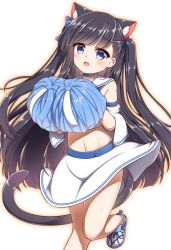 Rule 34 | 1girl, :d, animal ear fluff, animal ears, azur lane, bare shoulders, black hair, blue bow, blue choker, blue eyes, blue ribbon, blunt bangs, blush, bow, cat ears, cat tail, cheerleader, choker, commentary request, cowboy shot, crop top, detached sleeves, groin, hair bow, hair ribbon, half updo, hatsuharu (azur lane), hestia (neko itachi), holding, holding pom poms, long hair, looking at viewer, midriff, navel, open mouth, outline, pom pom (cheerleading), pom poms, ribbon, sailor collar, shirt, shoes, simple background, skirt, smile, sneakers, solo, standing, standing on one leg, tail, twintails, white background, white footwear, white sailor collar, white shirt, white skirt, white sleeves