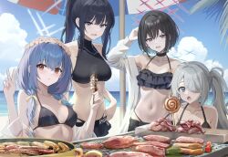 Rule 34 | 4girls, :t, alternate costume, arius squad (blue archive), atsuko (blue archive), beach, beach umbrella, bikini, black bikini, black hair, blue archive, blue eyes, blue halo, blue sky, blunt bangs, blush, bow, breasts, brown hair, closed mouth, cloud, cloudy sky, collarbone, commentary request, cooking, eating, food, frilled bikini, frilled bikini top, frills, grey eyes, grey hair, grilling, hair between eyes, hair bow, hair intakes, hair over one eye, halo, halterneck, head wreath, highleg, highleg panties, highres, hiyori (blue archive), looking at viewer, low twintails, meat, medium breasts, midriff, misaki (blue archive), multiple girls, navel, ocean, off shoulder, open clothes, open mouth, open shirt, outdoors, panties, parted bangs, ponytail, purple hair, red eyes, red halo, ryouta (ryouta335), saori (blue archive), see-through, see-through shirt, shirt, short hair, sky, small breasts, stomach, swimsuit, twintails, umbrella, underwear, white halo, white shirt, yellow bow