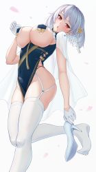 Rule 34 | absurdres, azur lane, braid, breast curtains, breasts, cape, china dress, chinese clothes, commentary request, dress, flower, garter straps, gloves, hair flower, hair ornament, high heels, highres, large breasts, no shoes, red eyes, removing shoes, ropi (yyuichi29), sirius (azur lane), sirius (azure horizons) (azur lane), soles, thick thighs, thighhighs, thighs, underboob, white gloves, white hair