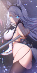 Rule 34 | 1girl, animal ear fluff, animal ears, apron, bare shoulders, black thighhighs, blue eyes, blurry, breasts, closed mouth, cowboy shot, depth of field, frills, from side, garter straps, glowing, glowing eyes, hair ornament, hairclip, highres, indie virtual youtuber, large breasts, long hair, looking at viewer, maid headdress, mizuki (vtuber), no panties, rryiup, sideless outfit, silver hair, skindentation, solo, swept bangs, thighhighs, thighs, very long hair, virtual youtuber
