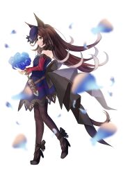 Rule 34 | 1girl, animal ears, back bow, black footwear, black pantyhose, blue flower, blue rose, bouquet, bow, breasts, brown hair, commentary request, dagger, dress, flower, from side, full body, highres, holding, holding bouquet, horse ears, horse girl, horse tail, knife, long hair, long sleeves, off-shoulder dress, off shoulder, pantyhose, petals, purple dress, purple headwear, reversi (reversi ppp), rice shower (umamusume), rose, rose petals, sheath, sheathed, simple background, small breasts, solo, strappy heels, tail, tilted headwear, umamusume, weapon, white background