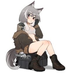 Rule 34 | 1girl, animal ear fluff, animal ears, ankle boots, black gloves, blush, bomber jacket, boots, brown eyes, brown footwear, brown jacket, brown shorts, collarbone, crate, crop top, expressionless, eyebrows hidden by hair, fox ears, fox girl, fox tail, full body, gloves, grey hair, grey tail, highres, jaana kettu, jacket, kpe934k0s282b2, looking at viewer, mechanical arms, midriff, navel, off shoulder, open clothes, open jacket, original, parted lips, prosthesis, prosthetic arm, short hair, short shorts, shorts, simple background, single glove, single mechanical arm, sitting, solo, sweat, tail, tank top, towel, towel around neck, white background, white tank top, white towel, wiping face, wiping sweat, wrench