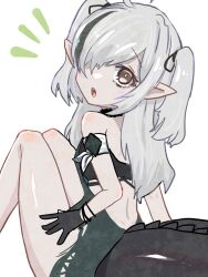 Rule 34 | 1girl, arknights, bare back, black gloves, brown eyes, crocodilian tail, dress, gloves, green dress, grey hair, hair over one eye, multicolored hair, open mouth, pointy ears, sarasa353, sitting, solo, streaked hair, tail, teeth, tomimi (arknights), twintails, upper teeth only, white background