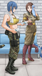 Rule 34 | 2girls, armchair, bare shoulders, blue eyes, blue hair, boots, bottle, brown eyes, brown hair, chair, choker, combat boots, earrings, gloves, unworn gloves, hair down, highres, jewelry, leona heidern, military, multiple girls, resting, snk, tank top, the king of fighters, the king of fighters xv, towel, towel around neck, triangle earrings, water bottle, whip, whip (kof), x chitch, yellow tank top