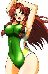 Rule 34 | 1girl, absurdres, alternate costume, armpits, arms behind head, braid, breasts, competition swimsuit, d-m (dii emu), green eyes, green one-piece swimsuit, highres, hip focus, hong meiling, large breasts, long hair, one-piece swimsuit, open mouth, red hair, solo, swimsuit, thighs, touhou, twin braids