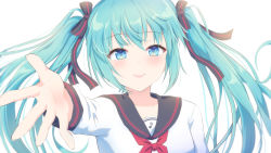 Rule 34 | 1girl, black bow, black sailor collar, blue eyes, blue hair, bow, closed mouth, collarbone, eighth note, hair between eyes, hair bow, hatsune miku, highres, long hair, long sleeves, looking at viewer, musical note, musical note print, nagare yoshimi, neckerchief, red neckerchief, sailor collar, school uniform, serafuku, shirt, simple background, smile, solo, striped, striped bow, twintails, upper body, vocaloid, white background, white shirt