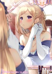 Rule 34 | 1girl, aki rosenthal, bare shoulders, blonde hair, blush, braid, breasts, collarbone, dated, dress, earrings, elbow gloves, gloves, highres, hololive, izumi kei, jewelry, long hair, medium breasts, mirror, necklace, parted bangs, purple eyes, reflection, signature, solo, twitter username, virtual youtuber, white dress, white gloves