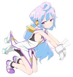 Rule 34 | 1boy, :/, ahoge, black shorts, blue hair, closed mouth, clothes pull, coupon (skyth), disembodied hand, from side, gloves, hacka doll, hacka doll 3, hair between eyes, holding another&#039;s wrist, kneeling, long hair, looking to the side, pulling another&#039;s clothes, purple eyes, restrained, shoes, shorts, shorts pull, simple background, sleeveless, solo focus, white background, white gloves
