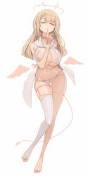 Rule 34 | 1girl, bikini, blonde hair, blunt bangs, breasts, commentary request, finger to mouth, full body, genek, gluteal fold, halo, highres, index finger raised, large breasts, long hair, looking at viewer, navel, original, red eyes, red halo, red wings, simple background, single thighhigh, solo, standing, swimsuit, thighhighs, thighs, white background, white bikini, white thighhighs, wings