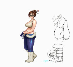 Rule 34 | 1girl, bare shoulders, beads, belly, boots, breasts, brown eyes, brown hair, cleavage, clothes around waist, darren geers, eyebrows, female focus, full body, fur trim, glasses, hair bun, hair ornament, hair stick, hairpin, large breasts, looking at viewer, mei (overwatch), midriff, navel, overwatch, overwatch 1, plump, short hair, single hair bun, solo, standing, sweat, tank top, thick thighs, thighs, undressing