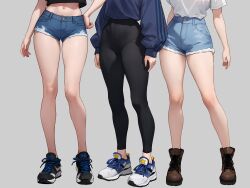 Rule 34 | 3girls, absurdres, black footwear, black leggings, black shirt, blue hoodie, bluefield, boots, brown footwear, commentary, denim, feet, feet only, foot focus, grey background, hand on own hip, highres, hololive, hololive english, hood, hoodie, hoshimachi suisei, leggings, midriff, multiple girls, navel, ouro kronii, shirogane noel, shirt, shoes, short shorts, shorts, simple background, sneakers, standing, virtual youtuber, white shirt