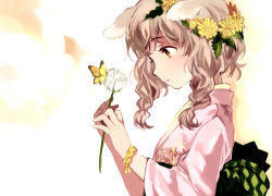 Rule 34 | 1girl, animal ears, braid, brown eyes, brown hair, bug, butterfly, dog ears, flower, flower on head, holding, bug, japanese clothes, kimono, original, parted lips, short hair, solo, tan (tangent), twin braids