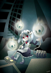 Rule 34 | 1girl, apron, bloody marie (skullgirls), hair ornament, maid, maid apron, red eyes, silver hair, skull, skull hair ornament, skullgirls, solo, suzukin, symbol-shaped pupils, vacuum cleaner
