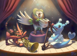 Rule 34 | bird, brionne, brown eyes, cat, closed eyes, colored sclera, creatures (company), curtains, dartrix, fang, game freak, gen 7 pokemon, harp, hooh lin, instrument, music, nintendo, no humans, owl, playing instrument, pokemon, pokemon (creature), pokemon sm, signature, singing, smile, spotlight, stage, starter pokemon trio, torracat, trumpet, yellow sclera