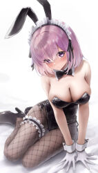 Rule 34 | 1girl, 29hyeon, absurdres, animal ears, bare shoulders, black leotard, blush, bow, bowtie, breasts, cleavage, detached collar, fake animal ears, fate/grand order, fate (series), fishnet pantyhose, fishnets, hair over one eye, high heels, highres, large breasts, leotard, looking at viewer, maid headdress, mash kyrielight, pantyhose, pink hair, playboy bunny, purple eyes, purple hair, rabbit ears, short hair, side-tie leotard, solo, strapless, strapless leotard, wrist cuffs