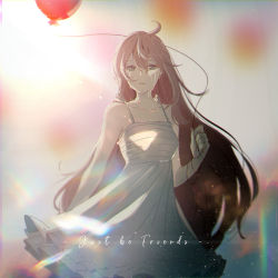 Rule 34 | 1girl, ahoge, balloon, bandages, bandaged arm, bandages, blurry, blurry background, collarbone, commentary, cowboy shot, crying, crying with eyes open, dress, frilled dress, frills, holding, holding balloon, just be friends (vocaloid), lens flare, long hair, megurine luka, pink hair, solo, song name, spaghetti strap, standing, straight hair, tears, very long hair, vocaloid, white dress, yen-mi