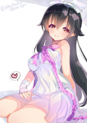 Rule 34 | 1girl, black hair, bow, brown eyes, closed mouth, colored eyelashes, dress, flower knight girl, fujishima-sei ichi-gou, hair bow, heart, highres, long hair, looking at viewer, pink bow, sitting, smile, solo, spoken heart, tsukimisou (flower knight girl), twitter username, wariza, white background, white bow, white dress