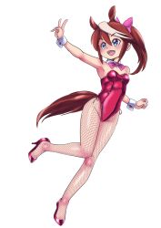 Rule 34 | 1girl, :d, animal ears, bare shoulders, breasts, brown hair, colored eyelashes, detached collar, fishnet pantyhose, fishnets, full body, hair between eyes, hair ribbon, high heels, highres, horse ears, horse girl, horse tail, karasuke d, knees together feet apart, leotard, long hair, multicolored hair, nontraditional playboy bunny, open mouth, outstretched arm, pantyhose, pink neckwear, pink ribbon, playboy bunny, ponytail, red footwear, red leotard, ribbon, shoes, simple background, small breasts, smile, solo, strapless, strapless leotard, streaked hair, tail, tokai teio (umamusume), tongue, two-tone hair, umamusume, v, white background, white hair, wrist cuffs