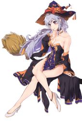 Rule 34 | 1girl, absurdres, alternate costume, anklet, armpit crease, black choker, braid, breasts, broom, chibi, choker, commission, commissioner upload, fire emblem, fire emblem: genealogy of the holy war, fire emblem heroes, halloween, halloween costume, hat, high heels, highres, ishtar (fire emblem), jewelry, large breasts, legs, long hair, nintendo, non-web source, open mouth, pelvic curtain, pumpkin, purple eyes, purple hair, reading, shoes, sideboob, single braid, skeb commission, thighs, witch, witch hat, yuuri (orz commushows)