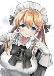 Rule 34 | 1girl, :d, absurdres, anchor, apron, black ribbon, blue eyes, breasts, cheek poking, finger to cheek, frills, gloves, highres, kantai collection, large breasts, maid, maid headdress, open mouth, orange hair, poking, prinz eugen (kancolle), ribbon, simple background, smile, toriniku senshi chikinman, twintails, white background