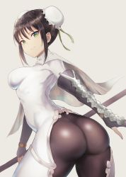 Rule 34 | 1girl, ass, back, bad id, bad tumblr id, black hair, blush, bodysuit, breasts, bun cover, cape, chinese clothes, closed mouth, double bun, fate/grand order, fate (series), fingerless gloves, gauntlets, gloves, green eyes, green ribbon, hair between eyes, hair bun, hair ribbon, highres, hip focus, hometa, huge ass, looking at viewer, looking back, medium breasts, polearm, qin liangyu (fate), ribbon, simple background, skin tight, smile, solo, weapon, white background