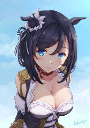 Rule 34 | 1girl, animal ears, arms behind back, artist name, black corset, black hair, blue background, blue eyes, breasts, cleavage, commentary request, corset, dress, ear ornament, eishin flash (umamusume), hair between eyes, horse ears, large breasts, light blush, looking at viewer, sakimiya (inschool), short hair, smile, solo, umamusume, upper body, white dress