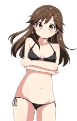 Rule 34 | 1girl, arashio (kancolle), bikini, black bikini, breasts, brown eyes, brown hair, closed mouth, collarbone, commentary request, cowboy shot, crossed arms, front-tie top, highres, kantai collection, long hair, looking at viewer, nanakusa suzuna, navel, side-tie bikini bottom, simple background, small breasts, smile, solo, swimsuit, white background